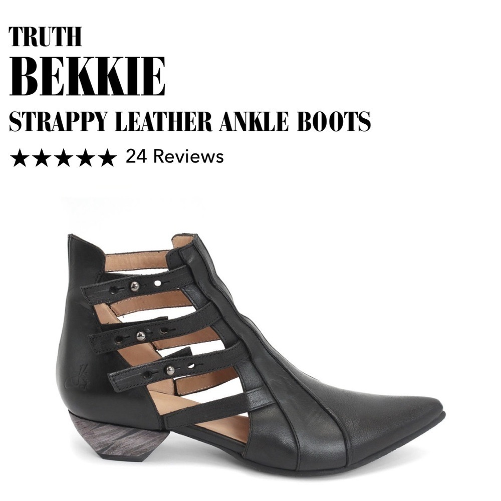 FLUEVOG TRUTH BEKKIE Sz 6 Black Strappy Leather Ankle Boots 1.5” Heel Pointy Toe